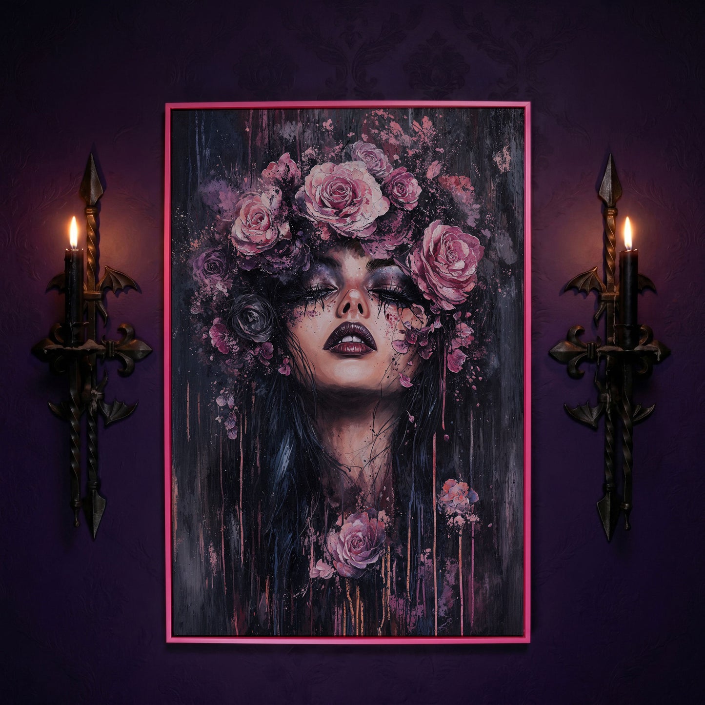 Dark Fantasy Floral Girl with Purple Rose Crown canvas in pink floating frame