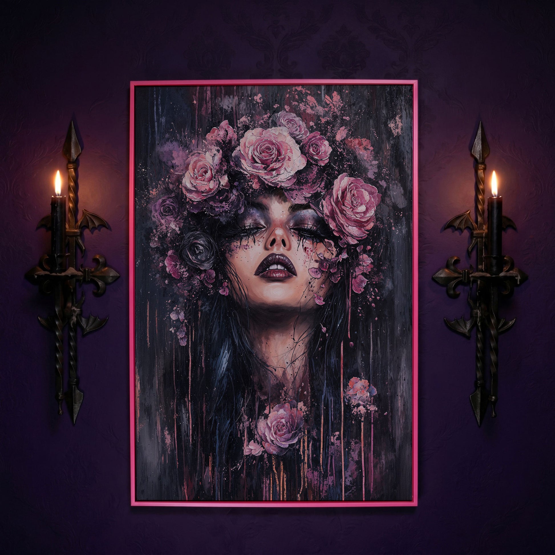 Dark Fantasy Floral Girl with Purple Rose Crown canvas in pink floating frame