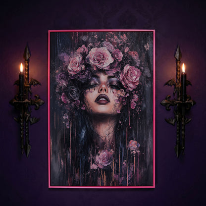 Dark Fantasy Floral Girl with Purple Rose Crown canvas in pink floating frame