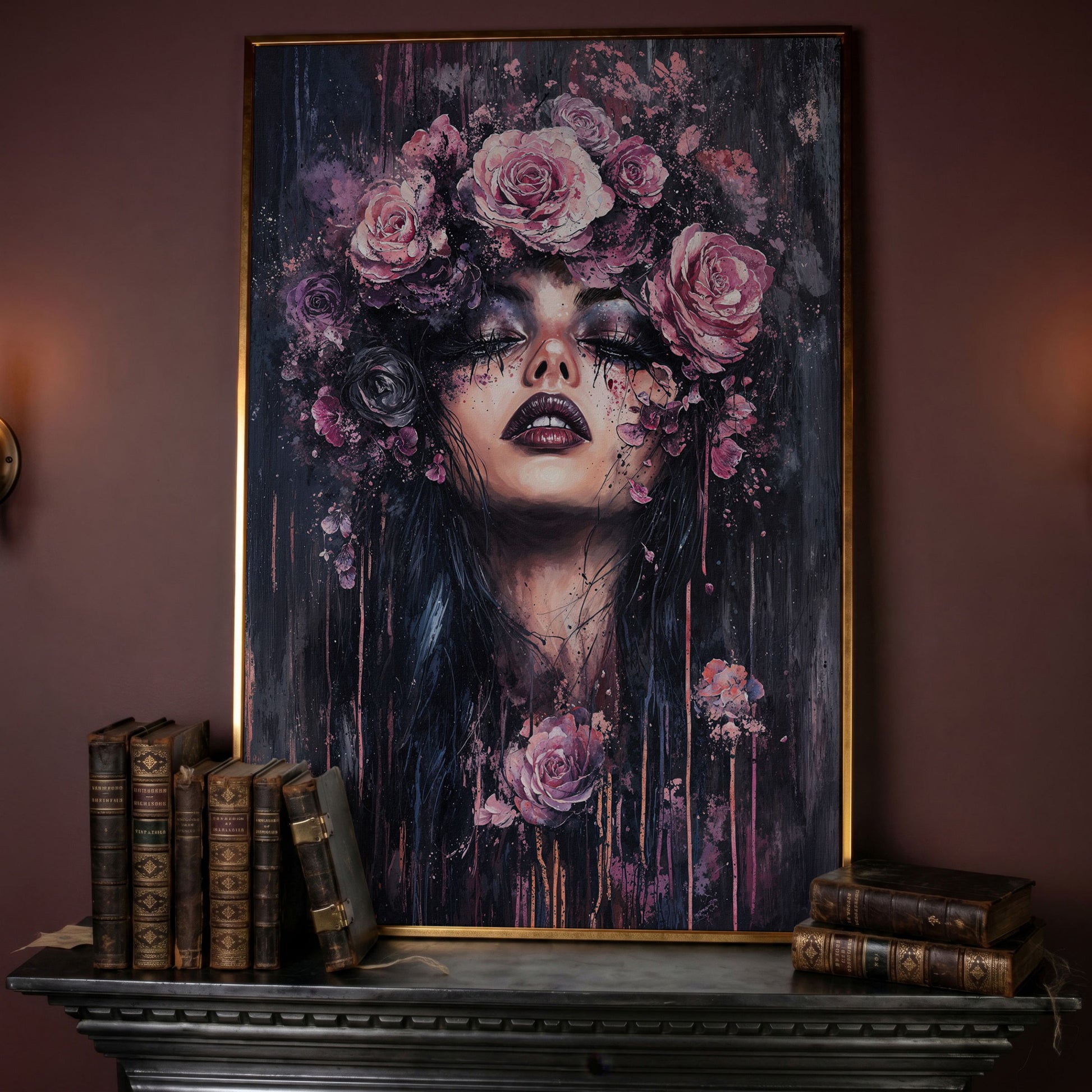 Dark Fantasy Floral Girl with Purple Rose Crown canvas in rose gold floating frame