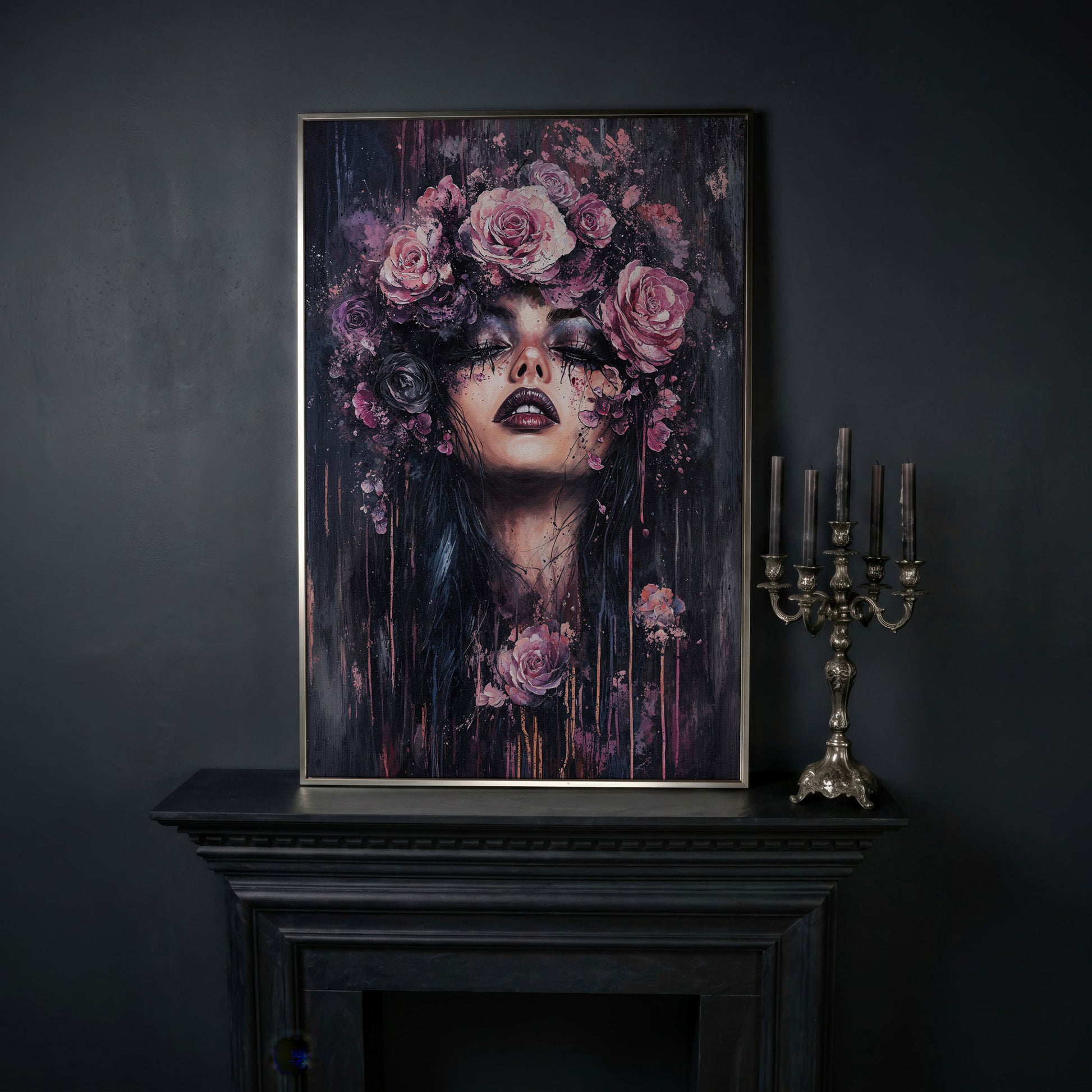 Dark Fantasy Floral Girl with Purple Rose Crown canvas in silver floating frame