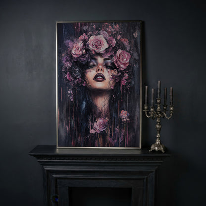 Dark Fantasy Floral Girl with Purple Rose Crown canvas in silver floating frame