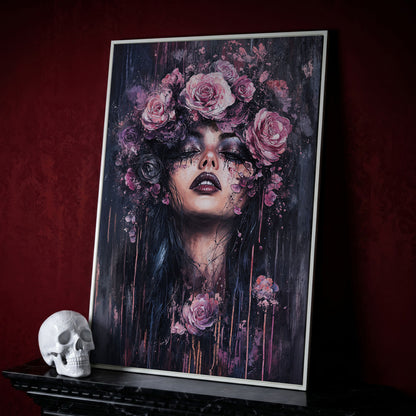 Dark Fantasy Floral Girl with Purple Rose Crown canvas in white floating frame