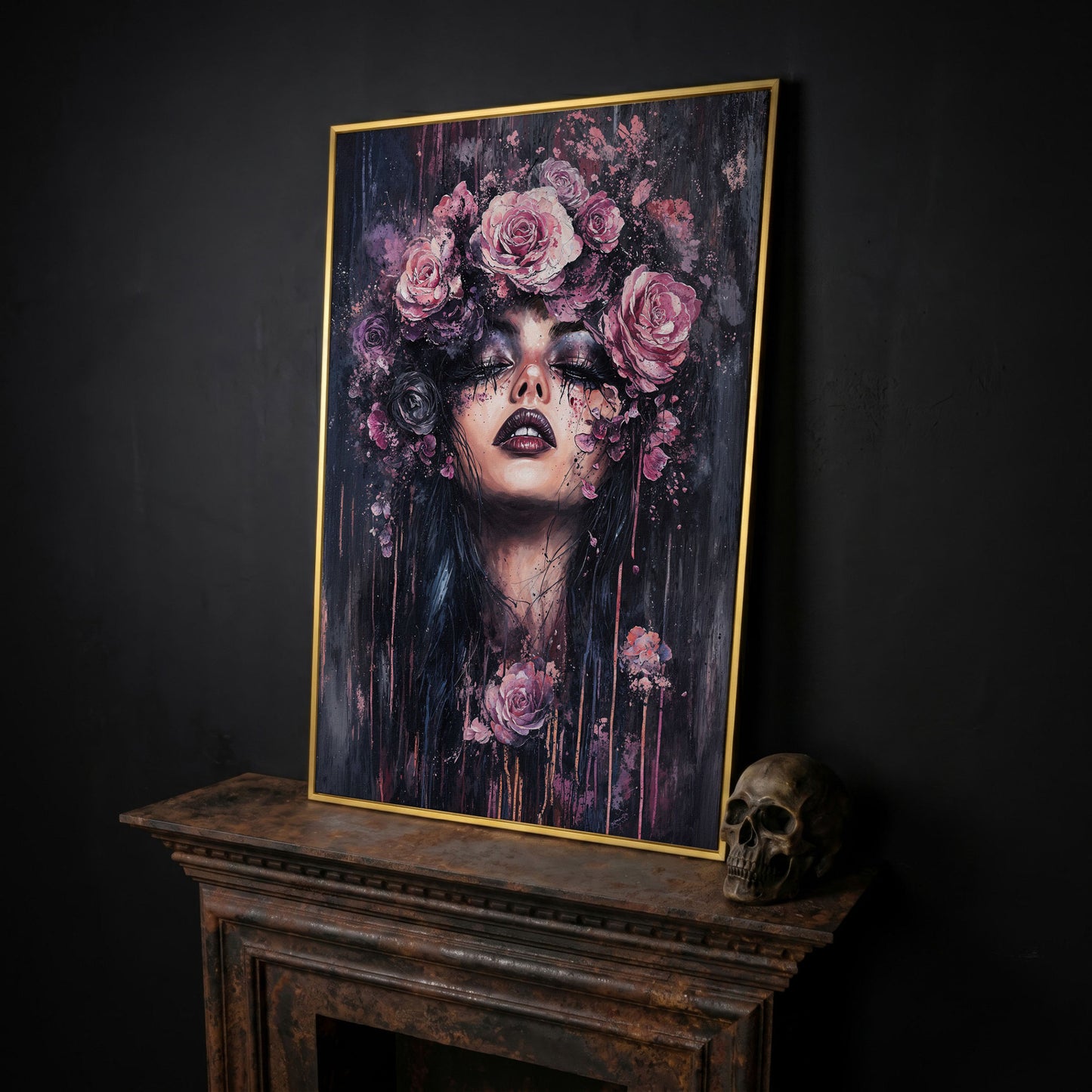 Dark Fantasy Floral Girl with Purple Rose Crown canvas in yellow gold floating frame