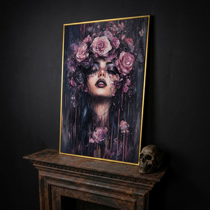 Dark Fantasy Floral Girl with Purple Rose Crown canvas in yellow gold floating frame