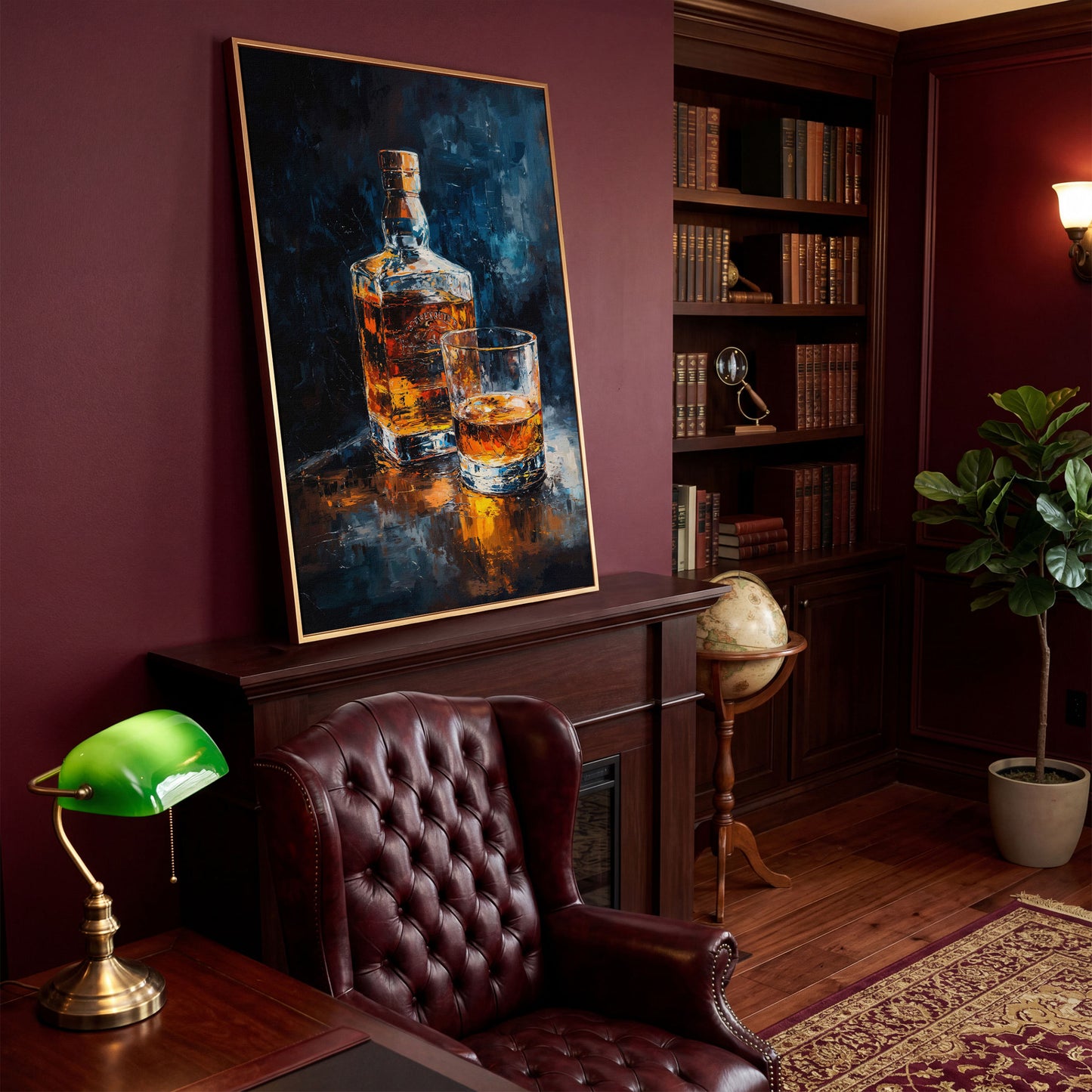 Whiskey Bottle and Glass Canvas in antique gold floating frame