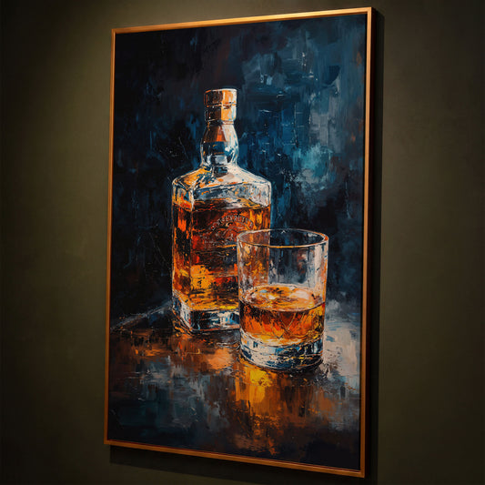Whiskey Bottle and Glass Canvas shown in antique gold floating frame