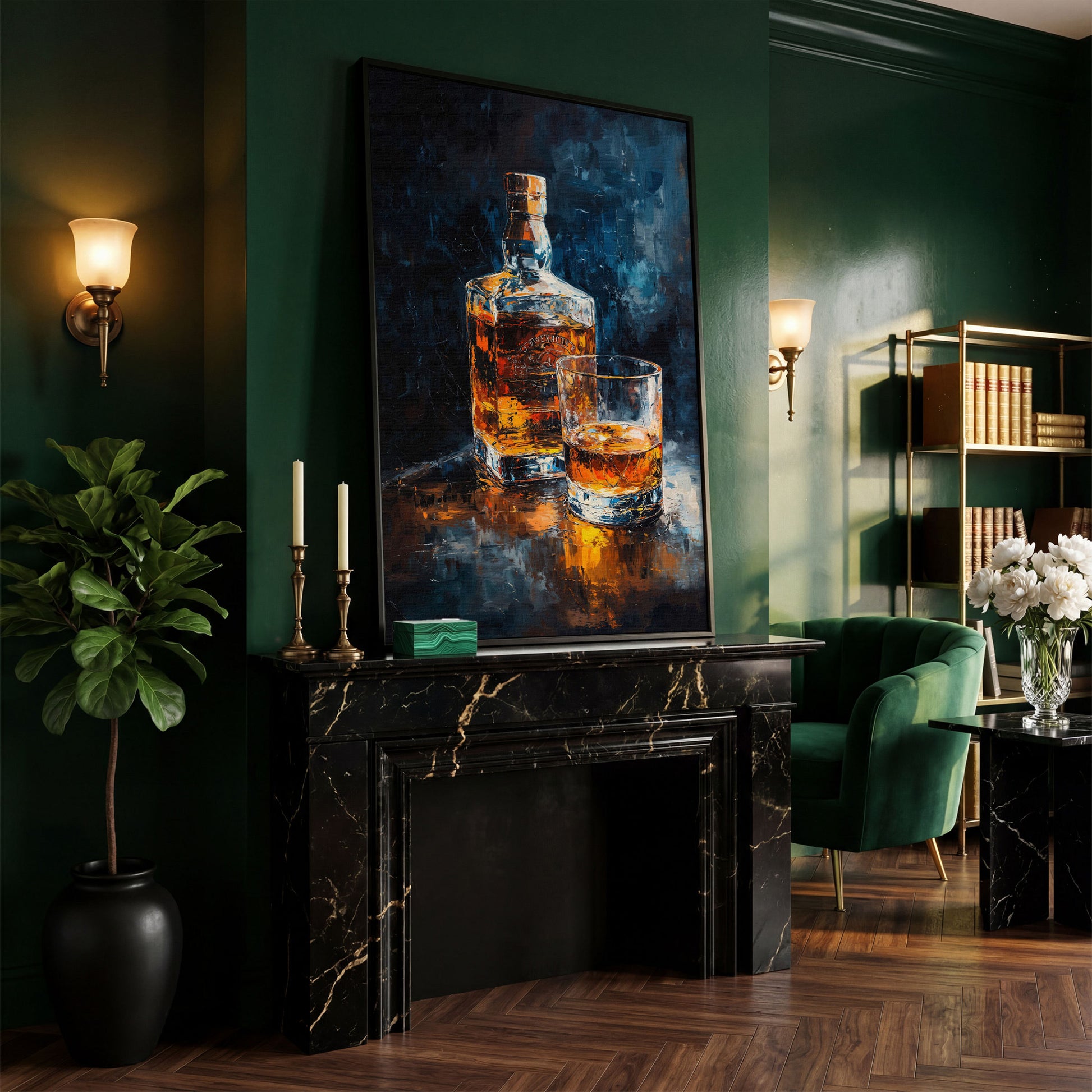 Whiskey Bottle and Glass Canvas in black floating frame