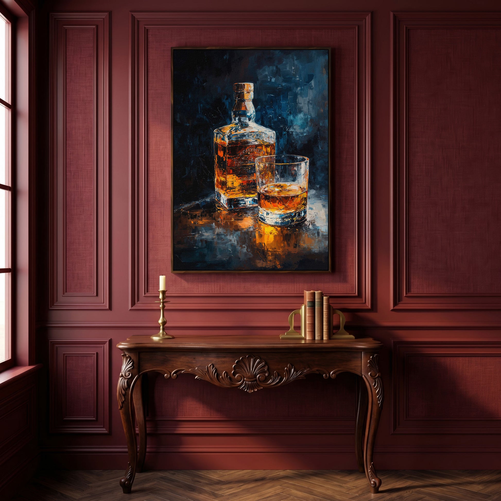Whiskey Bottle and Glass Canvas in dark walnut floating frame