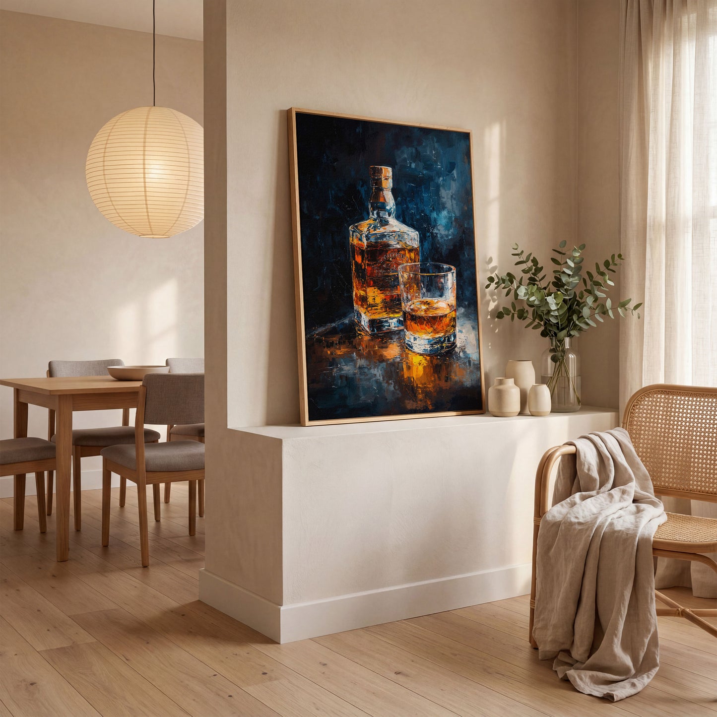 Whiskey Bottle and Glass Canvas in white oak floating frame
