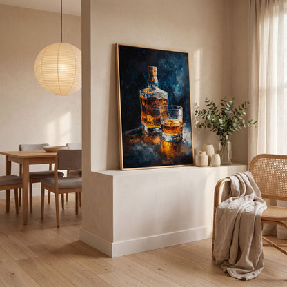 Whiskey Bottle and Glass Canvas in white oak floating frame