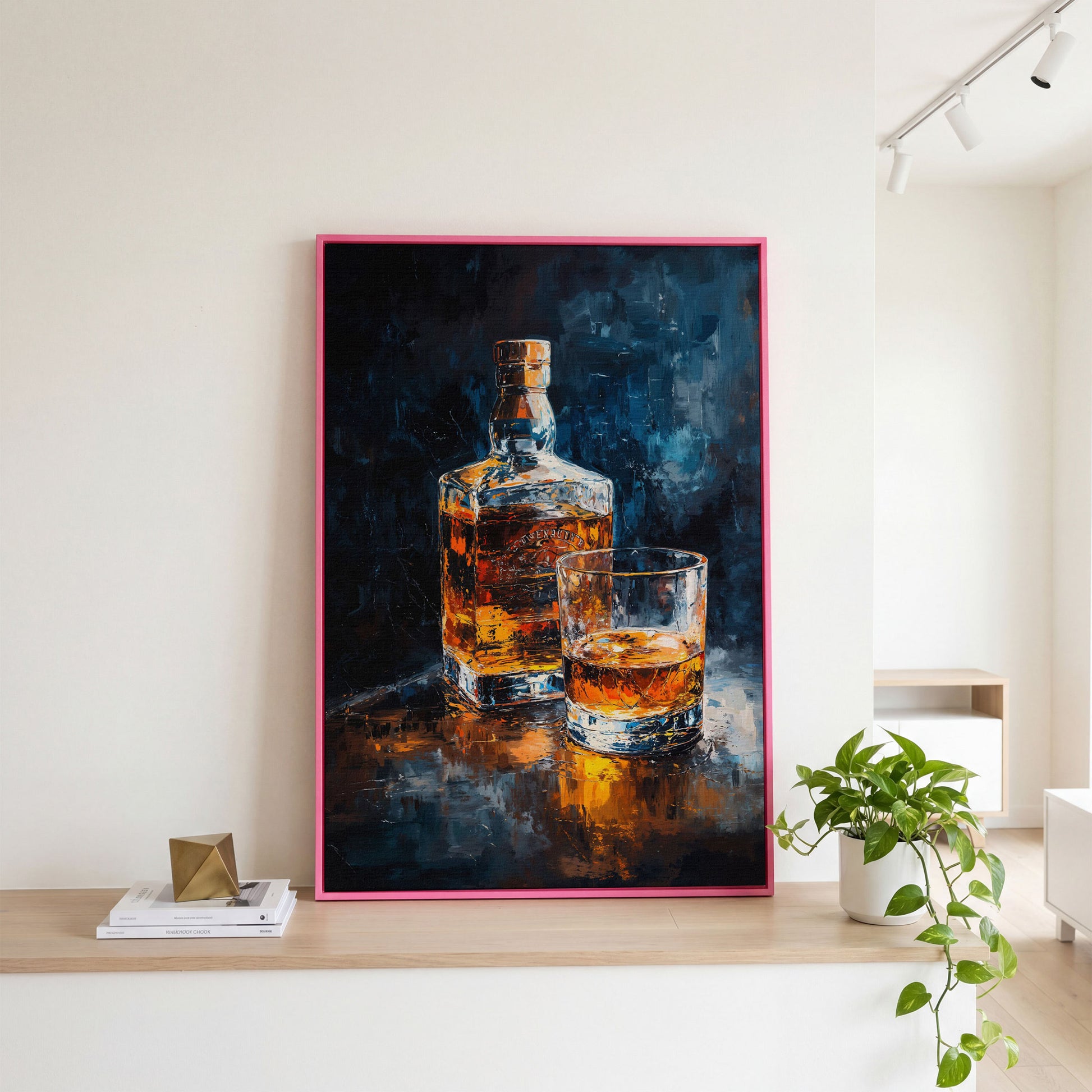 Whiskey Bottle and Glass Canvas in pink floating frame