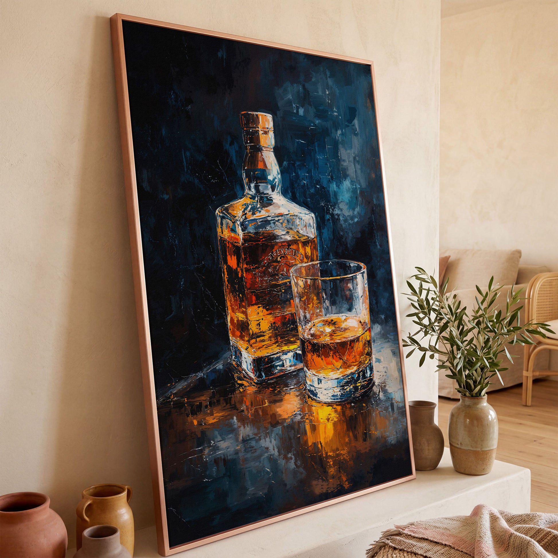 Whiskey Bottle and Glass Canvas in rose gold floating frame