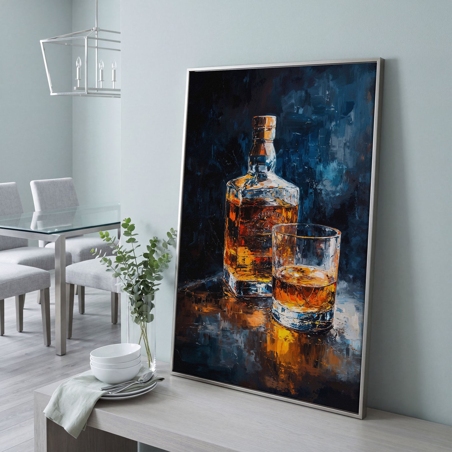 Whiskey Bottle and Glass Canvas in silver floating frame