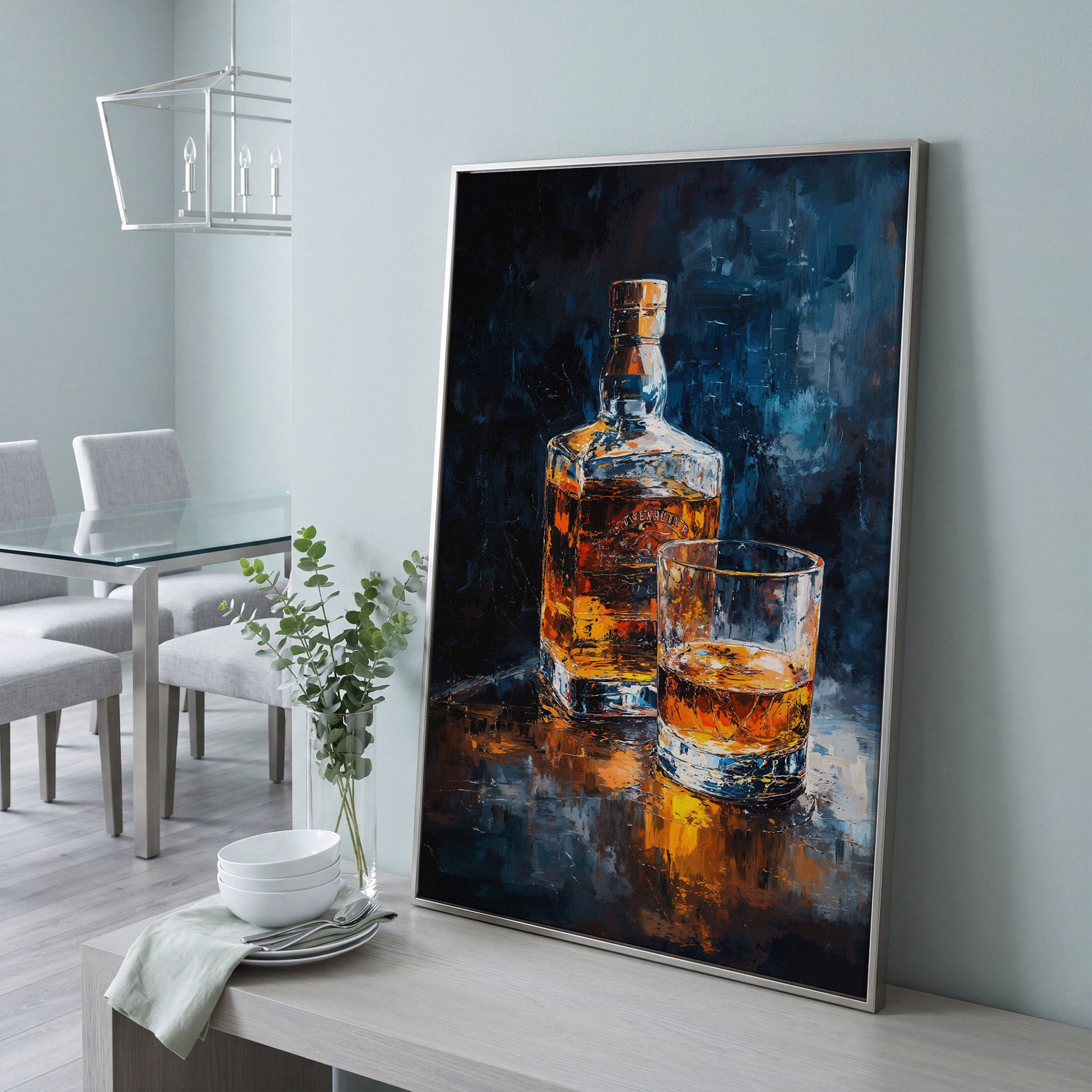Whiskey Bottle and Glass Canvas in silver floating frame