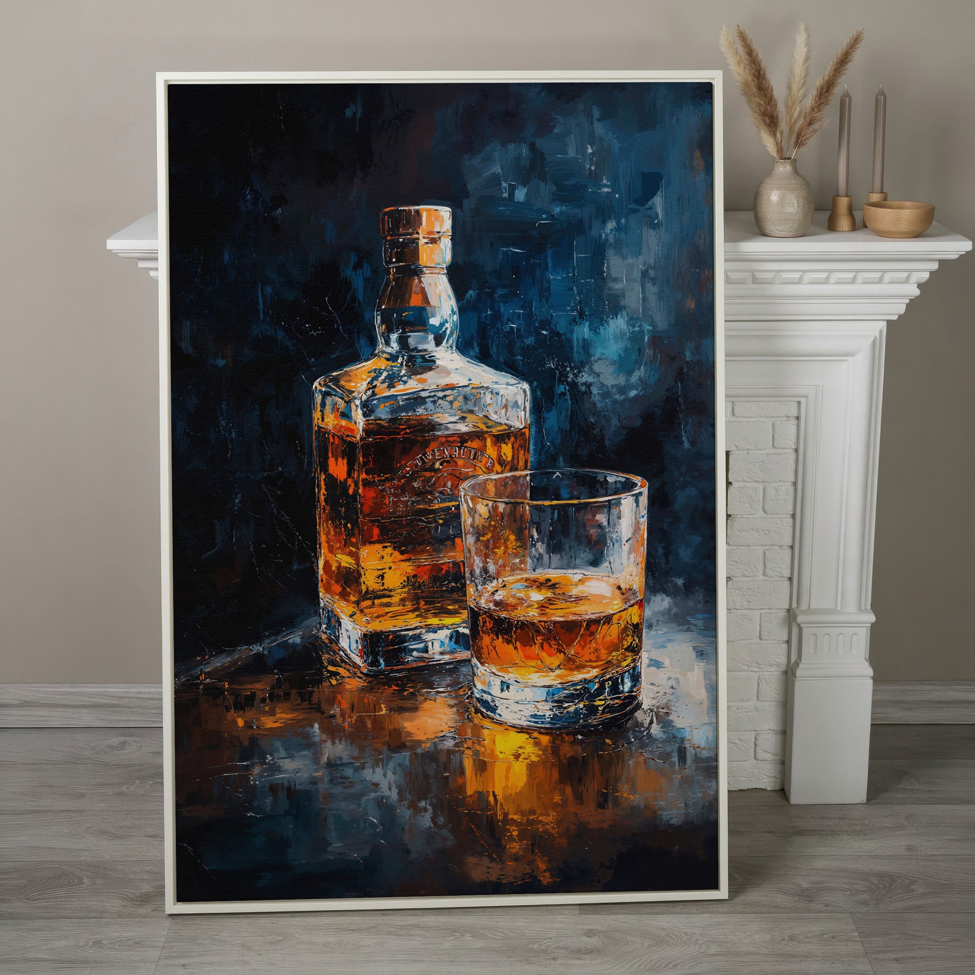Whiskey Bottle and Glass Canvas in white floating frame