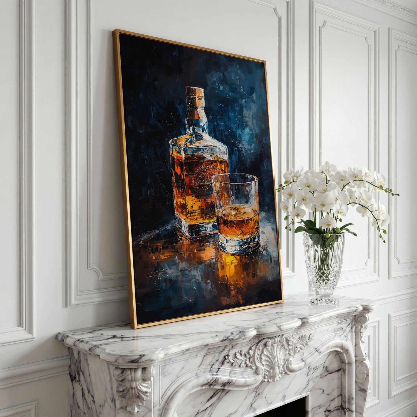 Whiskey Bottle and Glass Canvas in yellow gold floating frame
