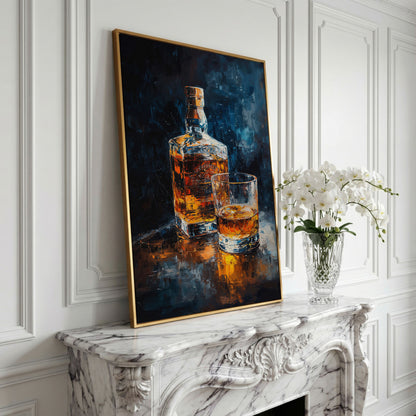 Whiskey Bottle and Glass Canvas in yellow gold floating frame