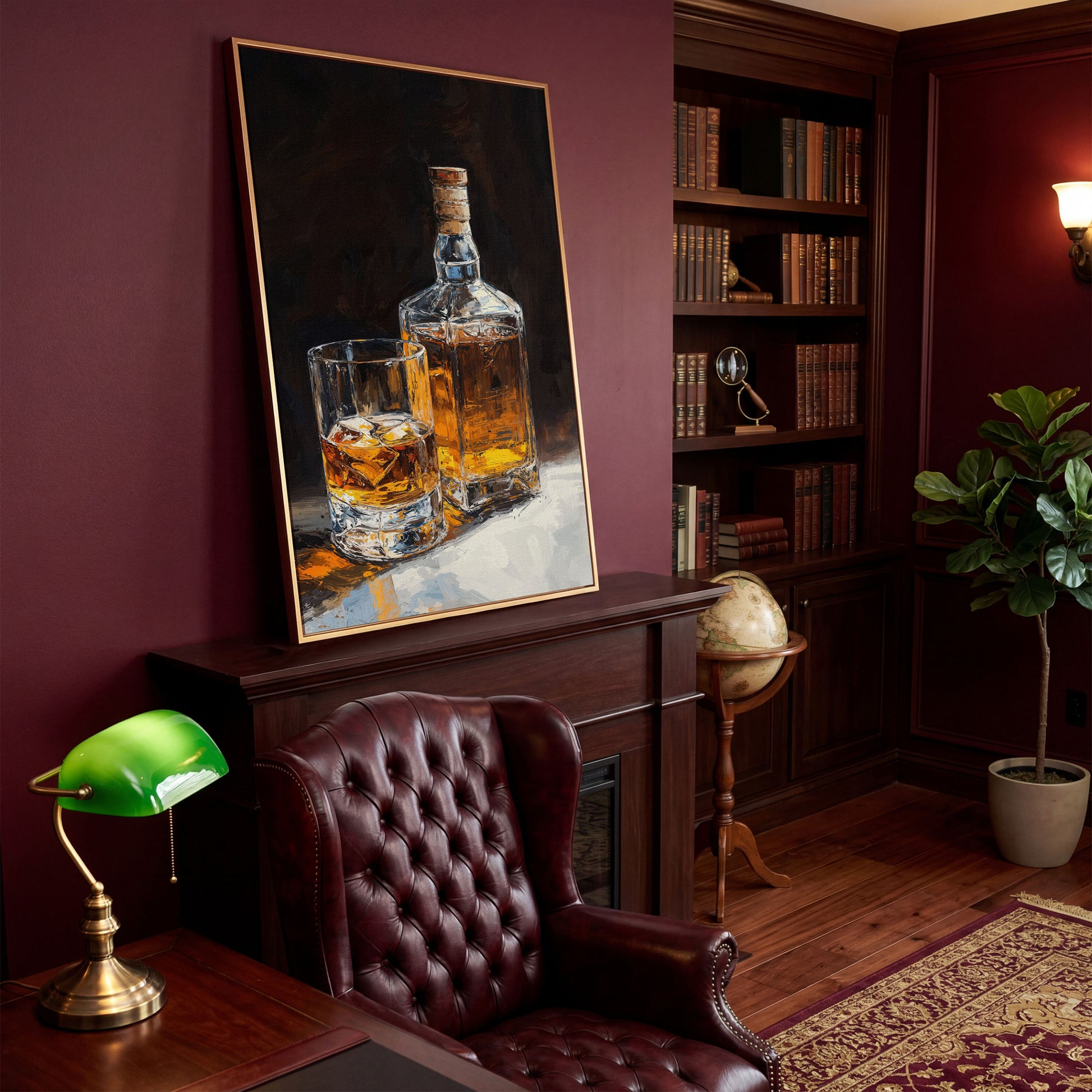 Whiskey Bottle and Glass Canvas Print in Black and Gold in antique gold floating frame