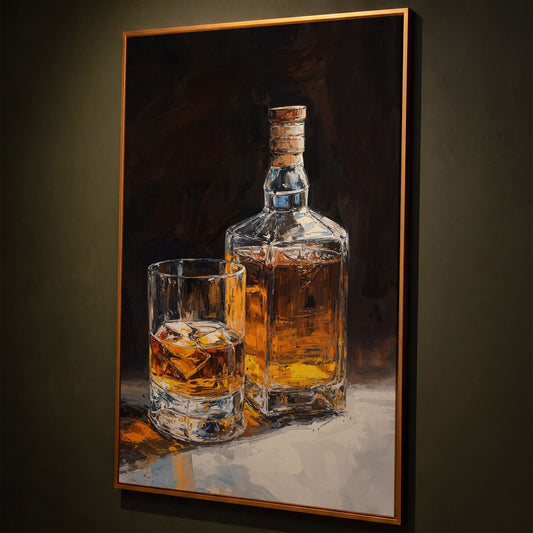 Whiskey Bottle and Glass Canvas Print in Black and Gold shown in antique gold floating frame