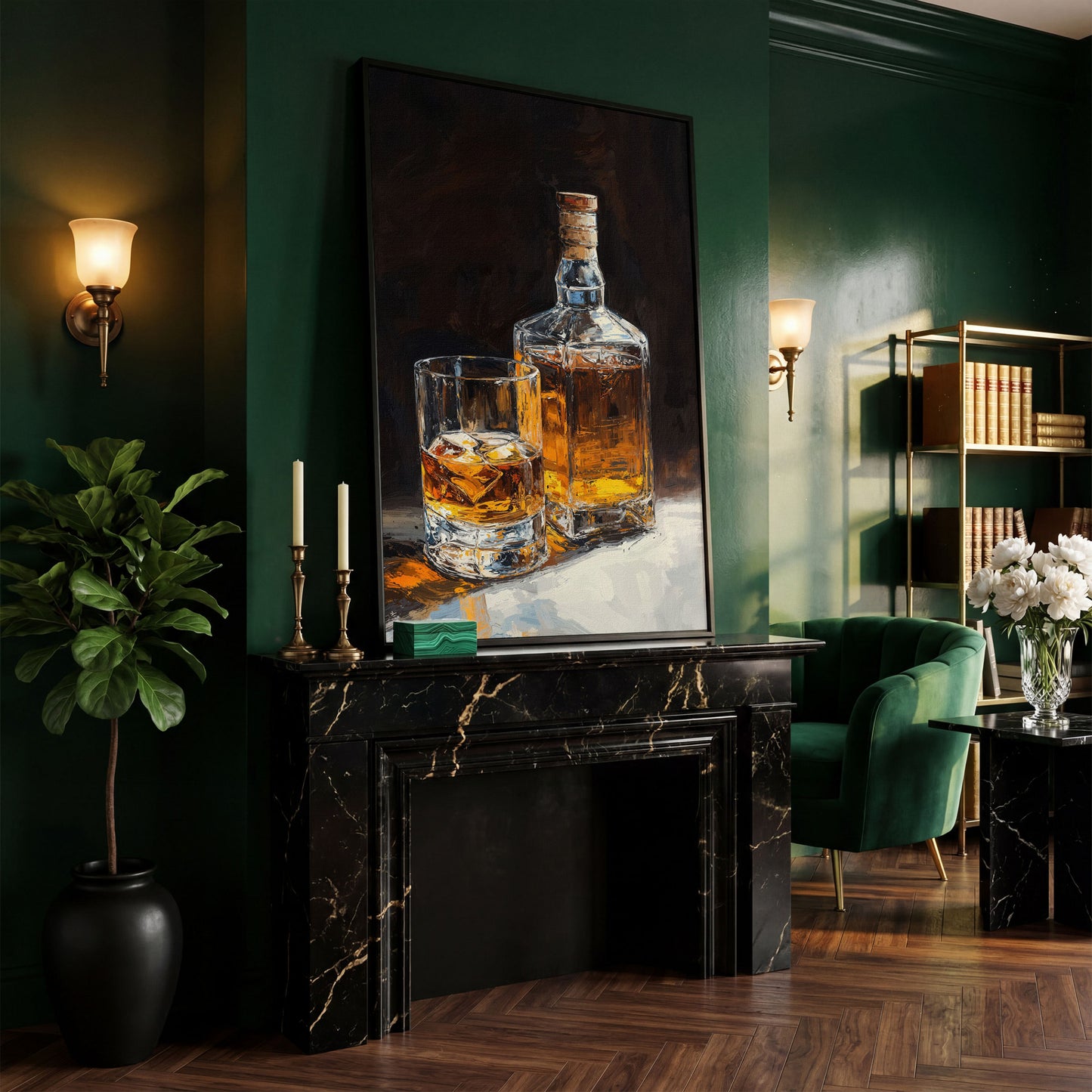 Whiskey Bottle and Glass Canvas Print in Black and Gold in black floating frame