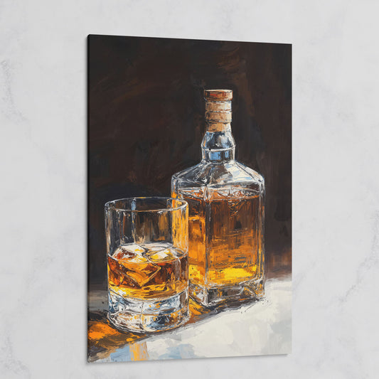 Whiskey Bottle and Glass Canvas Print in Black and Gold on gallery wrap