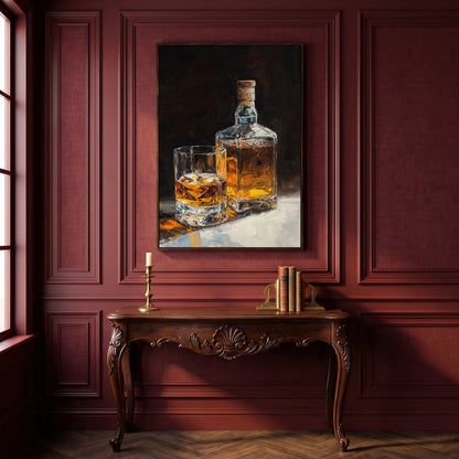 Whiskey Bottle and Glass Canvas Print in Black and Gold in dark walnut floating frame