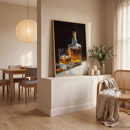 Whiskey Bottle and Glass Canvas Print in Black and Gold in white oak floating frame