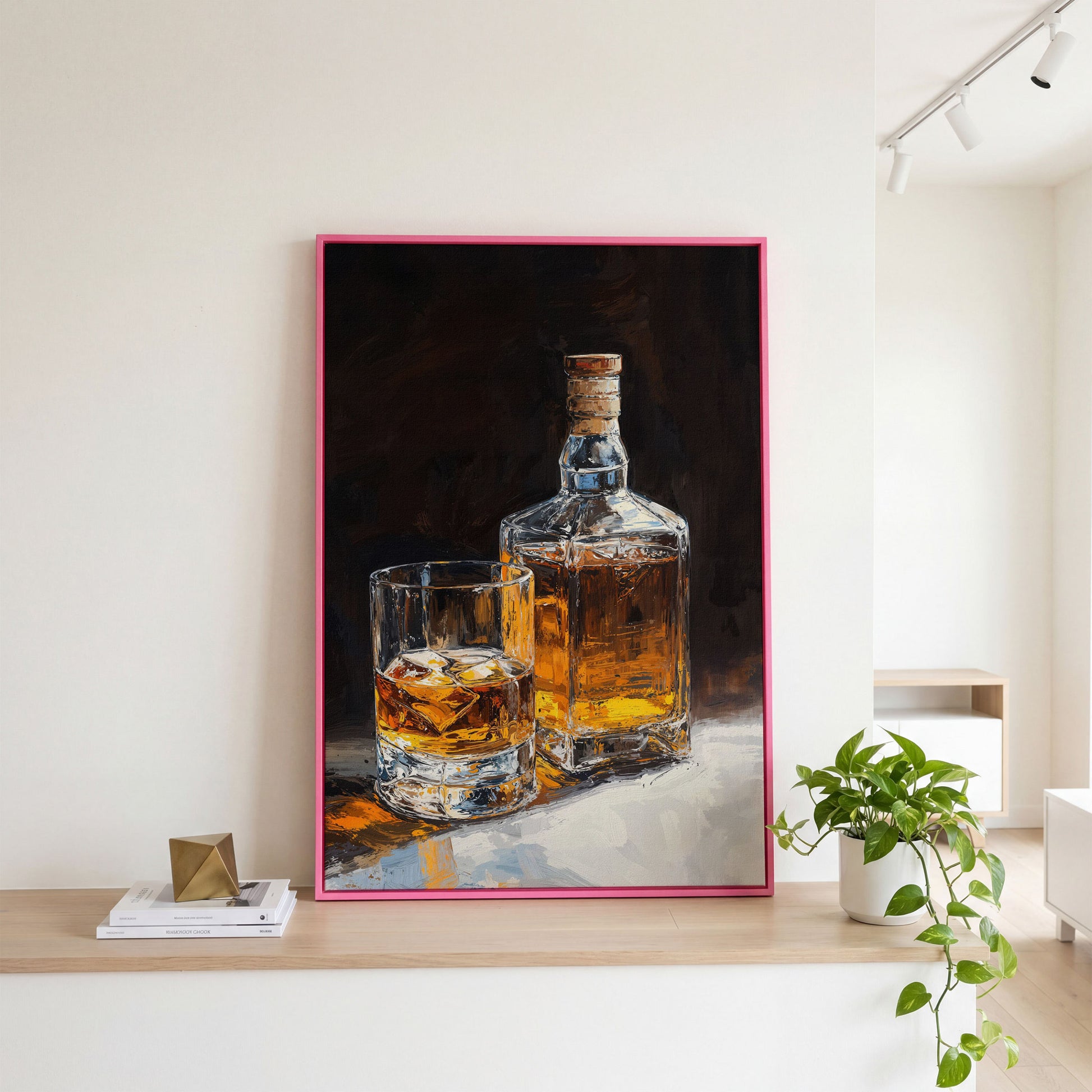 Whiskey Bottle and Glass Canvas Print in Black and Gold in pink floating frame