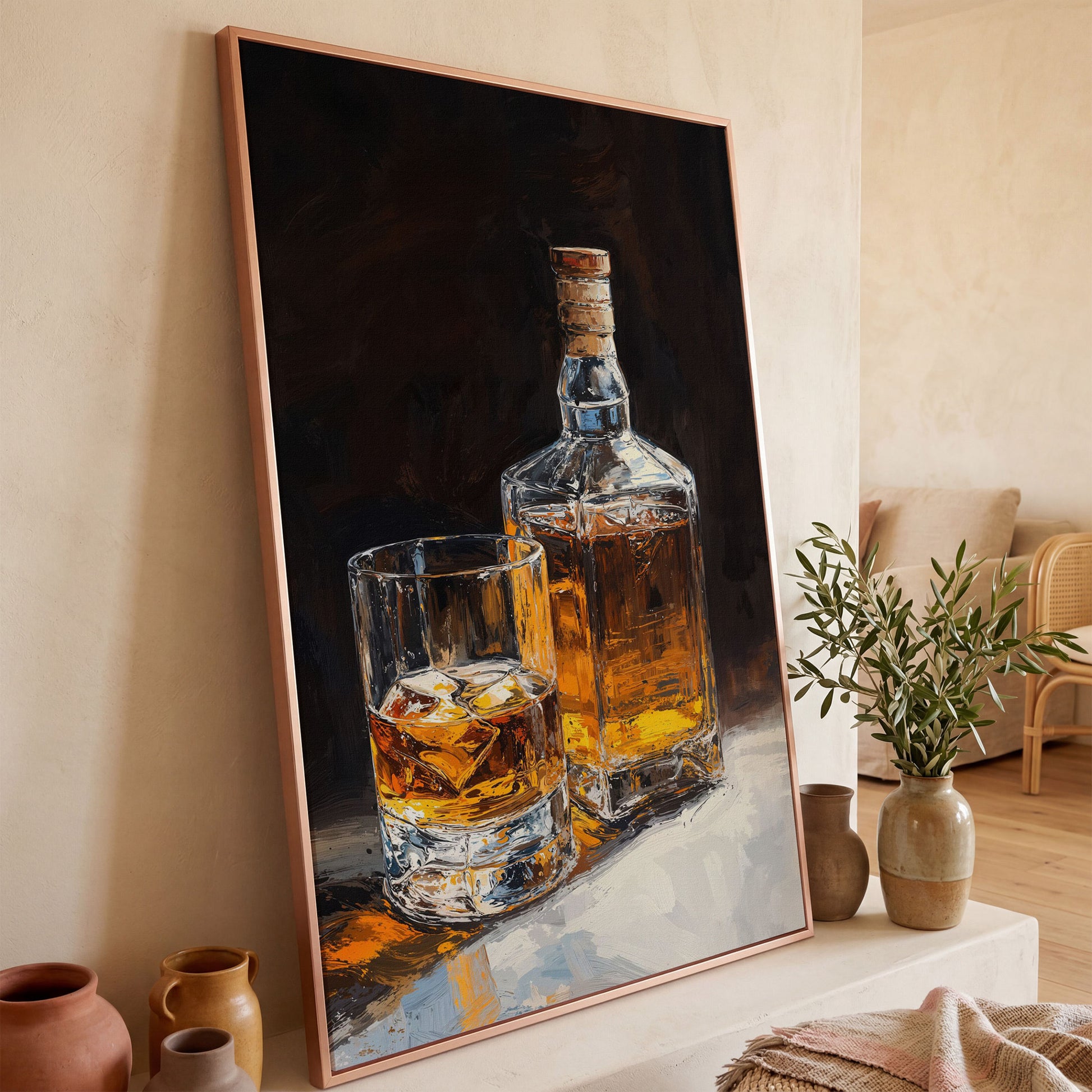 Whiskey Bottle and Glass Canvas Print in Black and Gold in rose gold floating frame