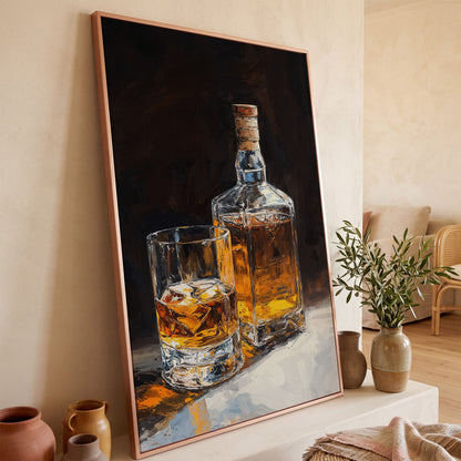 Whiskey Bottle and Glass Canvas Print in Black and Gold in rose gold floating frame