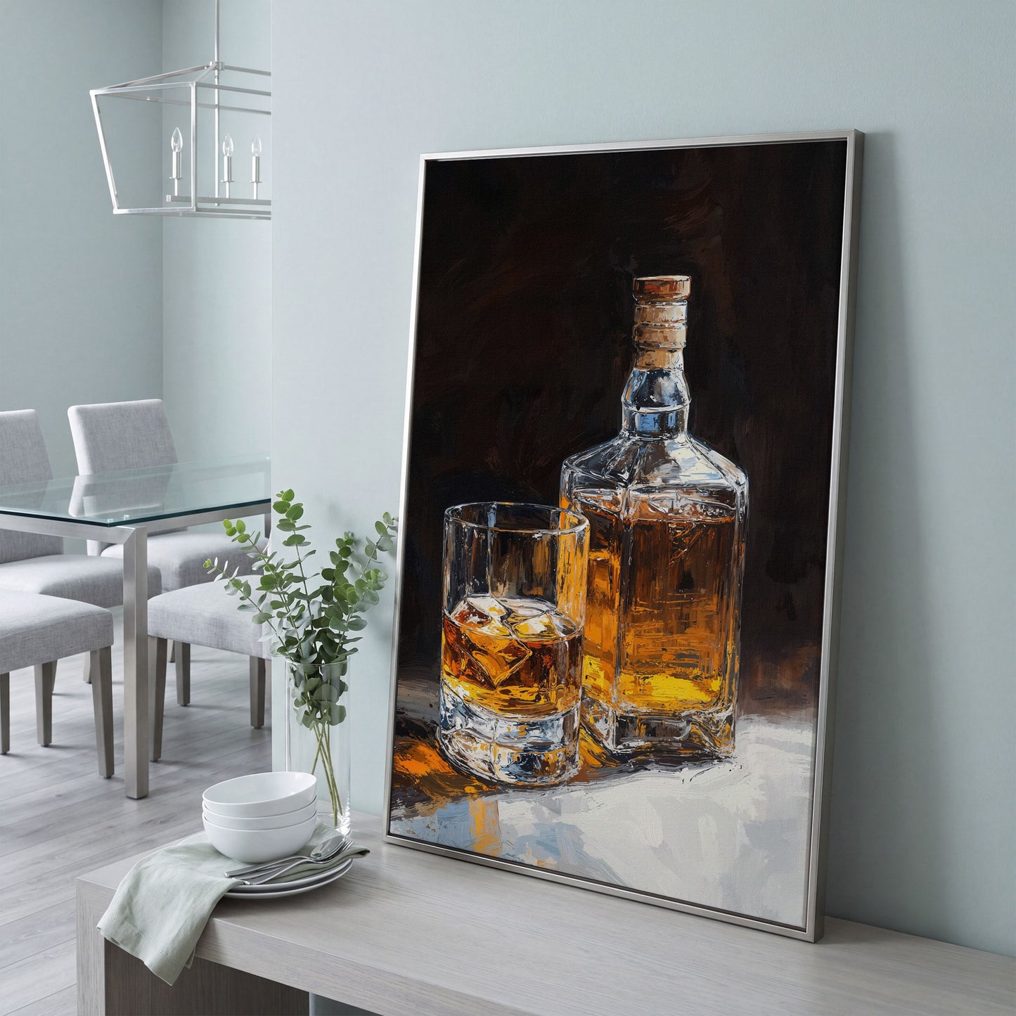 Whiskey Bottle and Glass Canvas Print in Black and Gold in silver floating frame