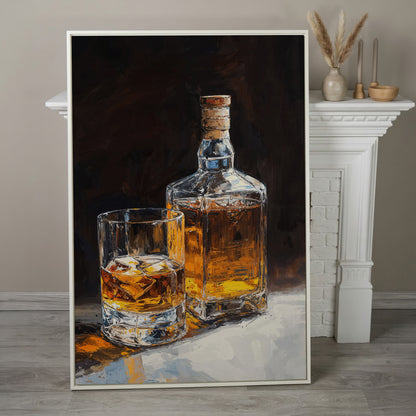Whiskey Bottle and Glass Canvas Print in Black and Gold in white floating frame