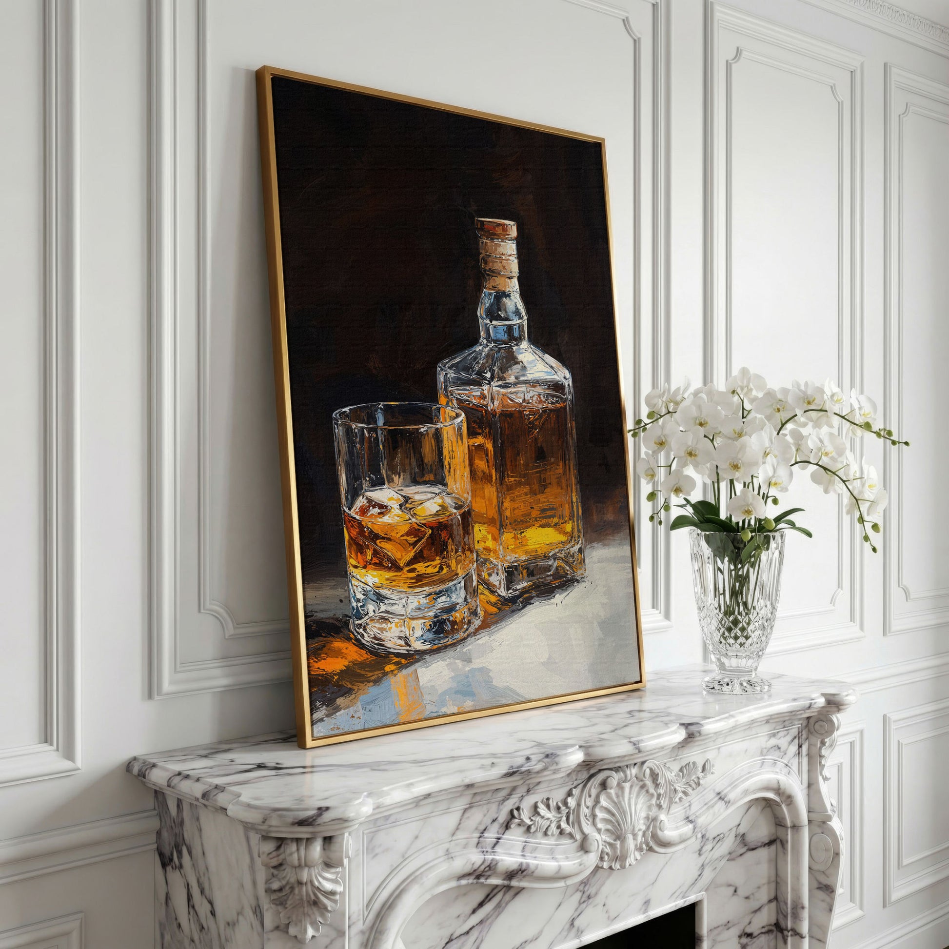 Whiskey Bottle and Glass Canvas Print in Black and Gold in yellow gold floating frame