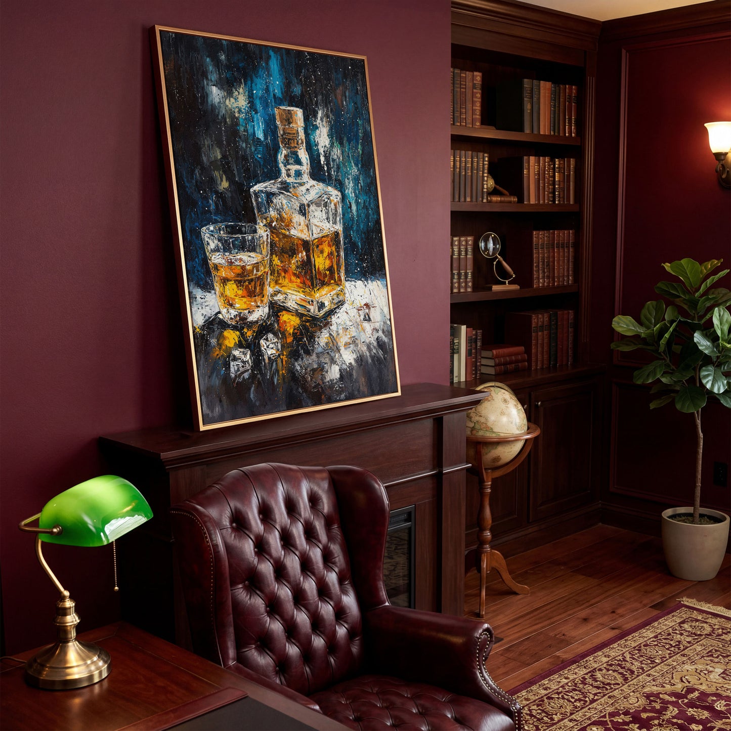 Whiskey in Decanter Canvas Wall Art in antique gold floating frame