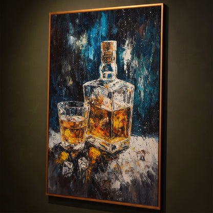 Whiskey in Decanter Canvas Wall Art shown in antique gold floating frame