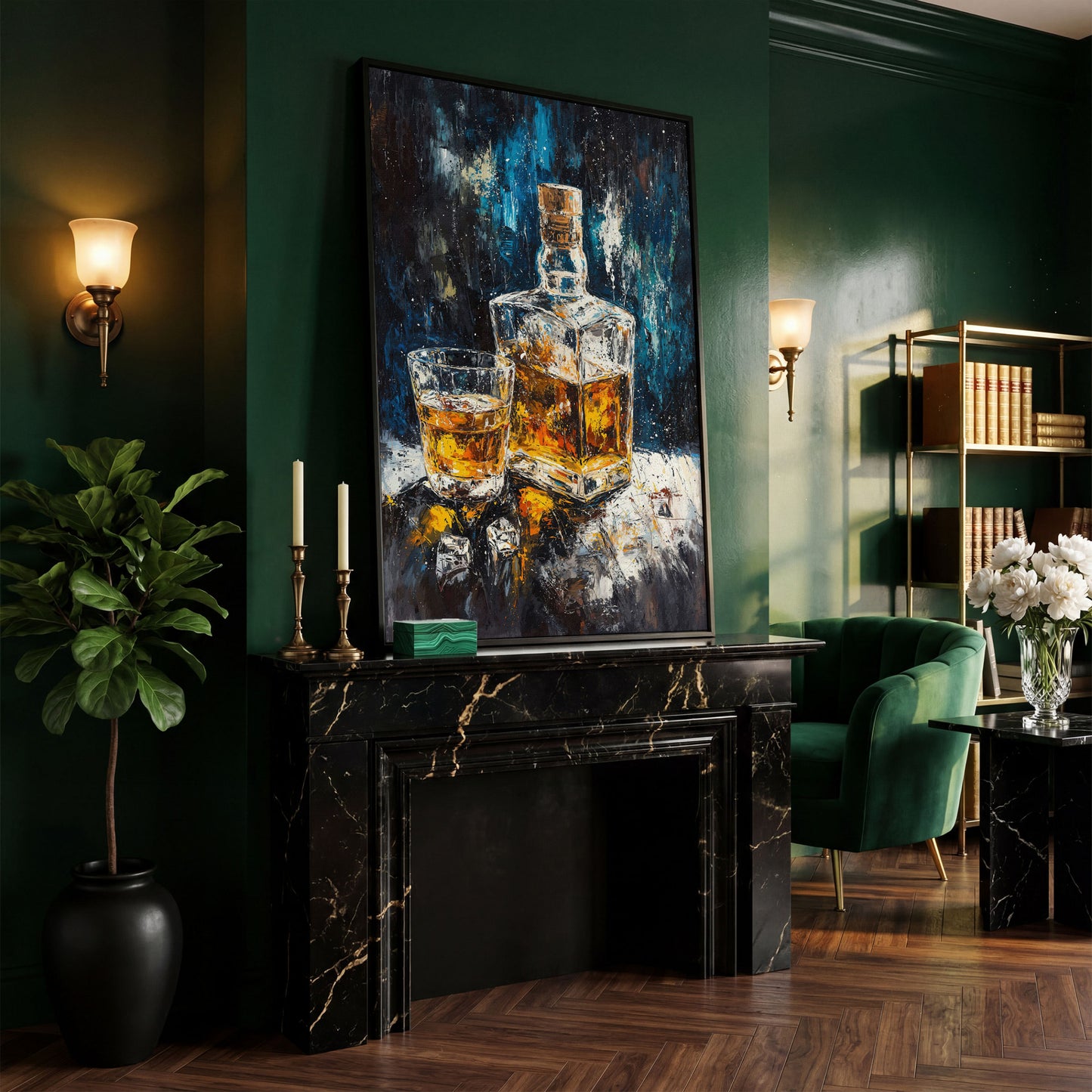 Whiskey in Decanter Canvas Wall Art in black floating frame