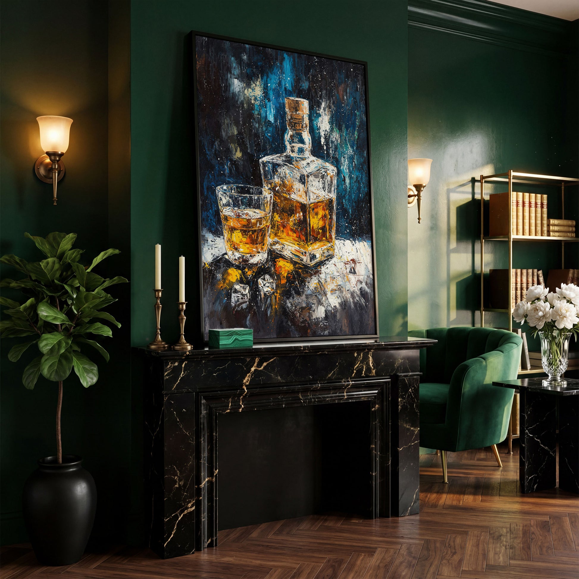 Whiskey in Decanter Canvas Wall Art in black floating frame
