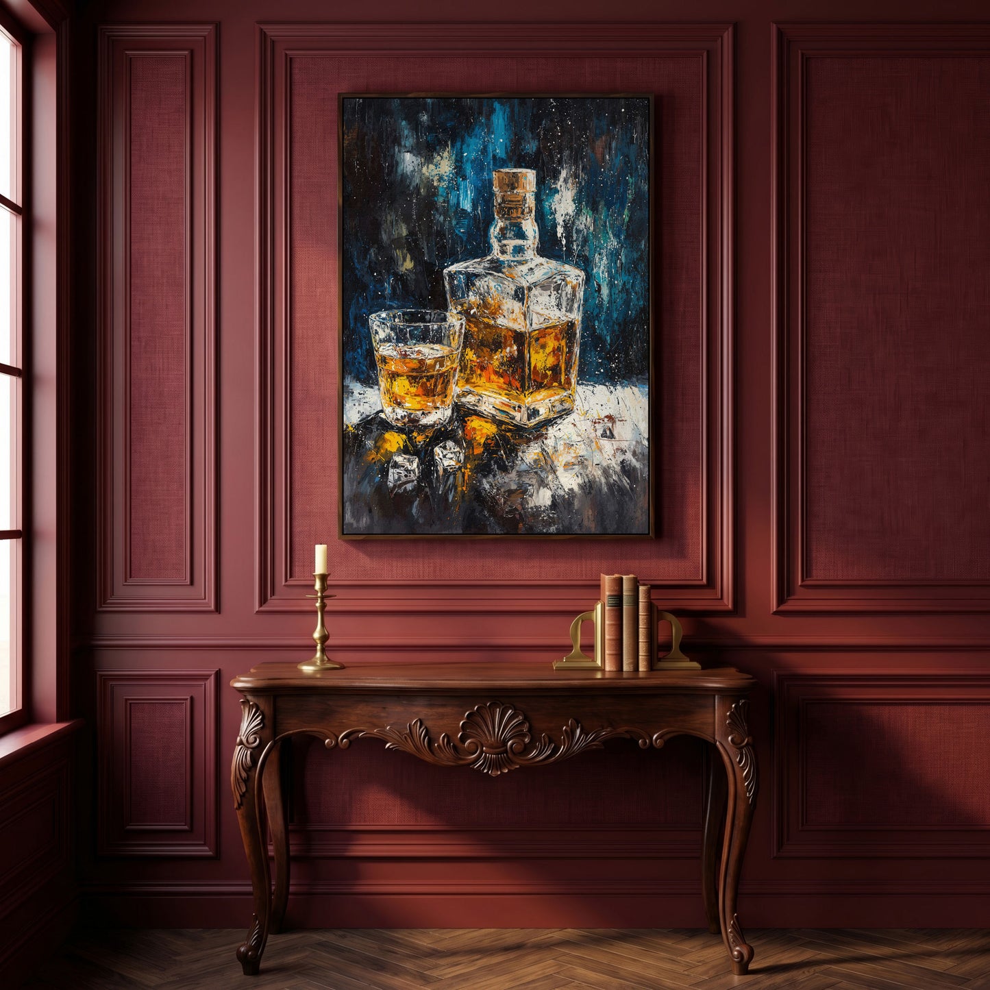 Whiskey in Decanter Canvas Wall Art in dark walnut floating frame