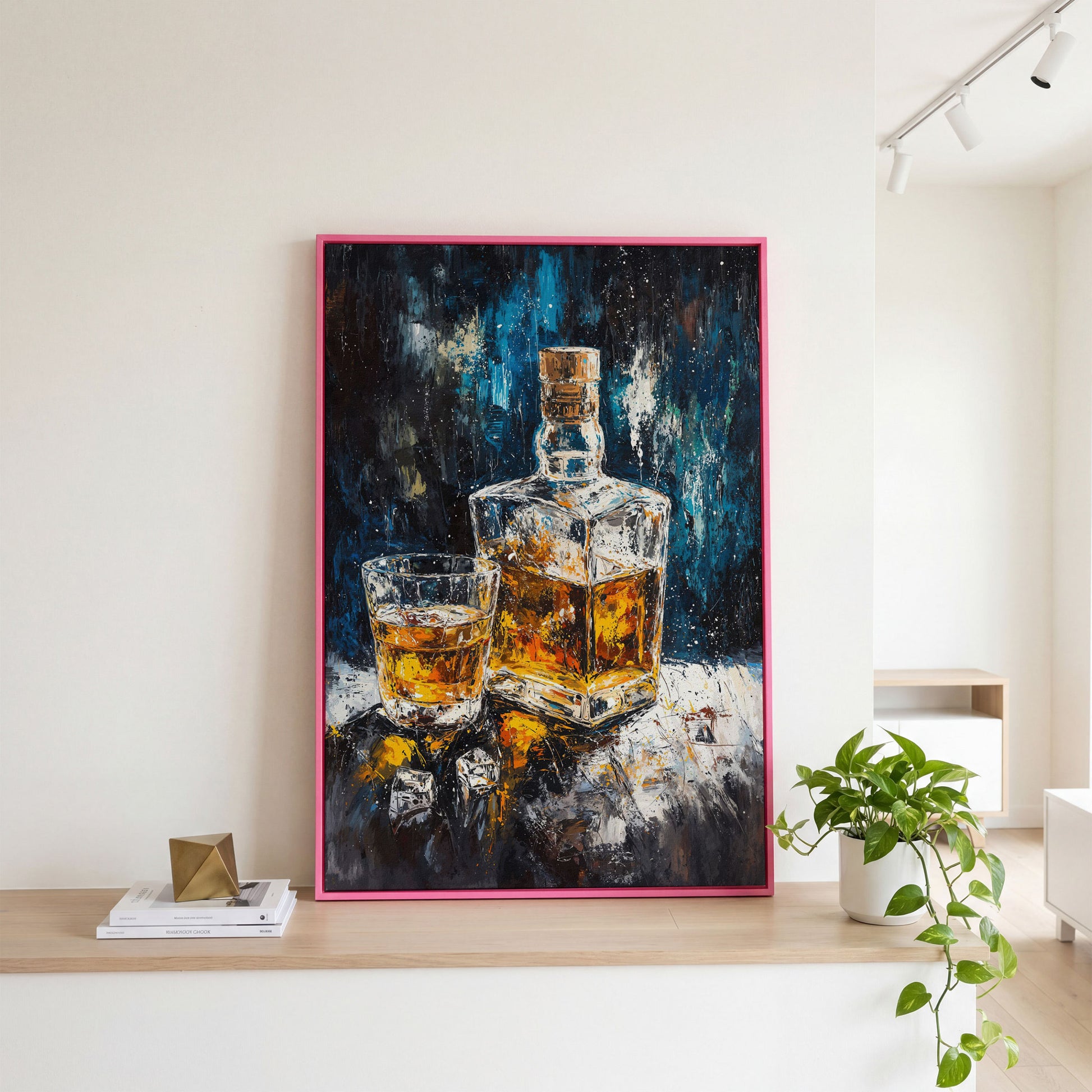 Whiskey in Decanter Canvas Wall Art in pink floating frame