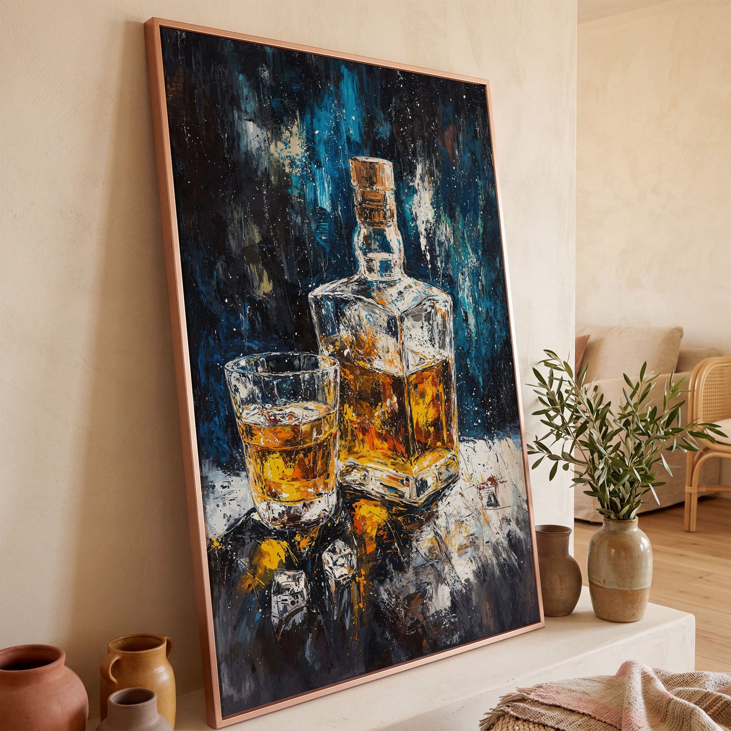 Whiskey in Decanter Canvas Wall Art in rose gold floating frame