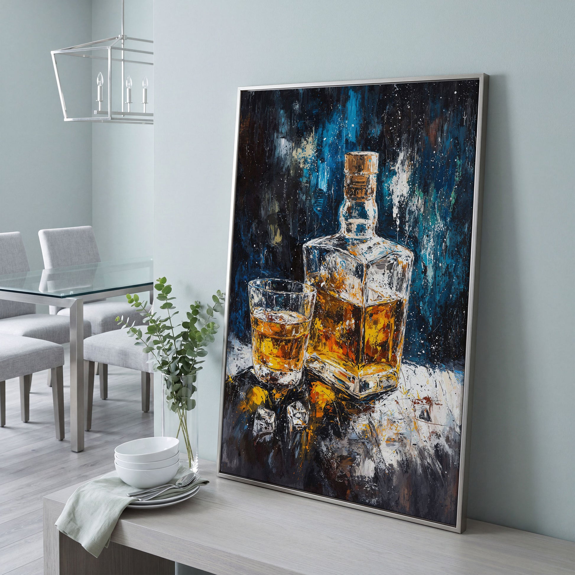 Whiskey in Decanter Canvas Wall Art in silver floating frame