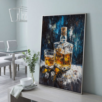 Whiskey in Decanter Canvas Wall Art in silver floating frame
