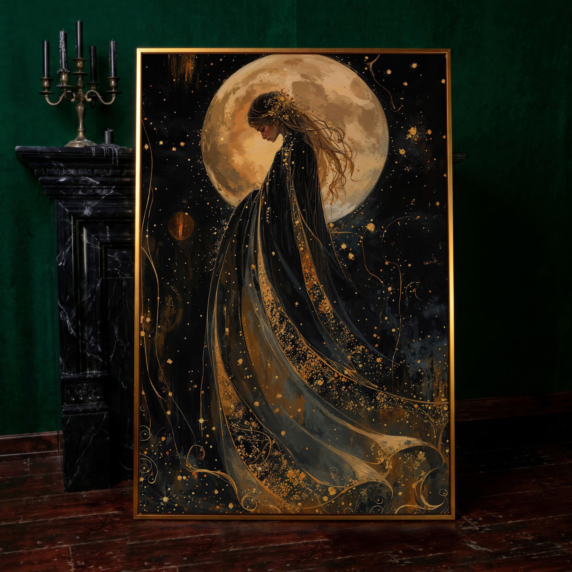 Mystical Woman & Moon Canvas Print in antique gold floating frame