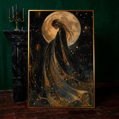 Mystical Woman & Moon Canvas Print in antique gold floating frame