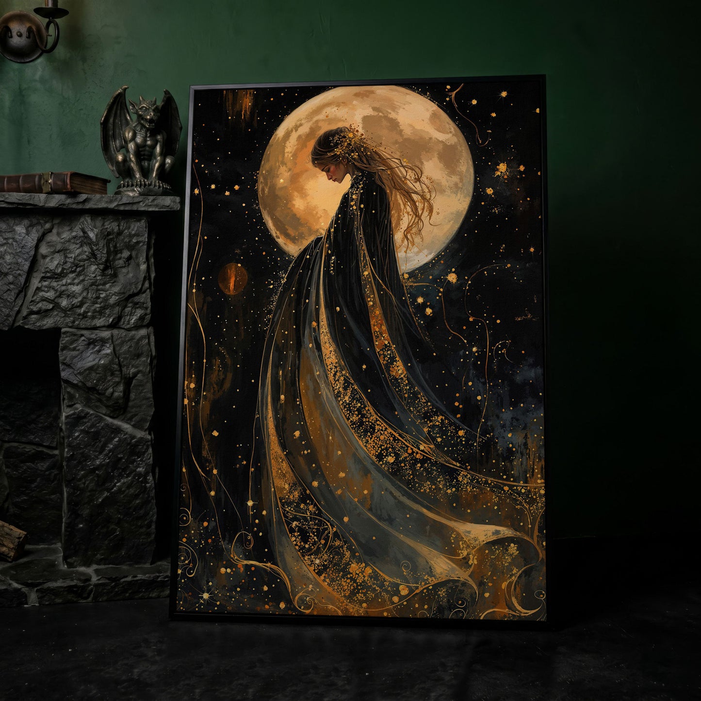 Mystical Woman & Moon Canvas Print in black floating frame