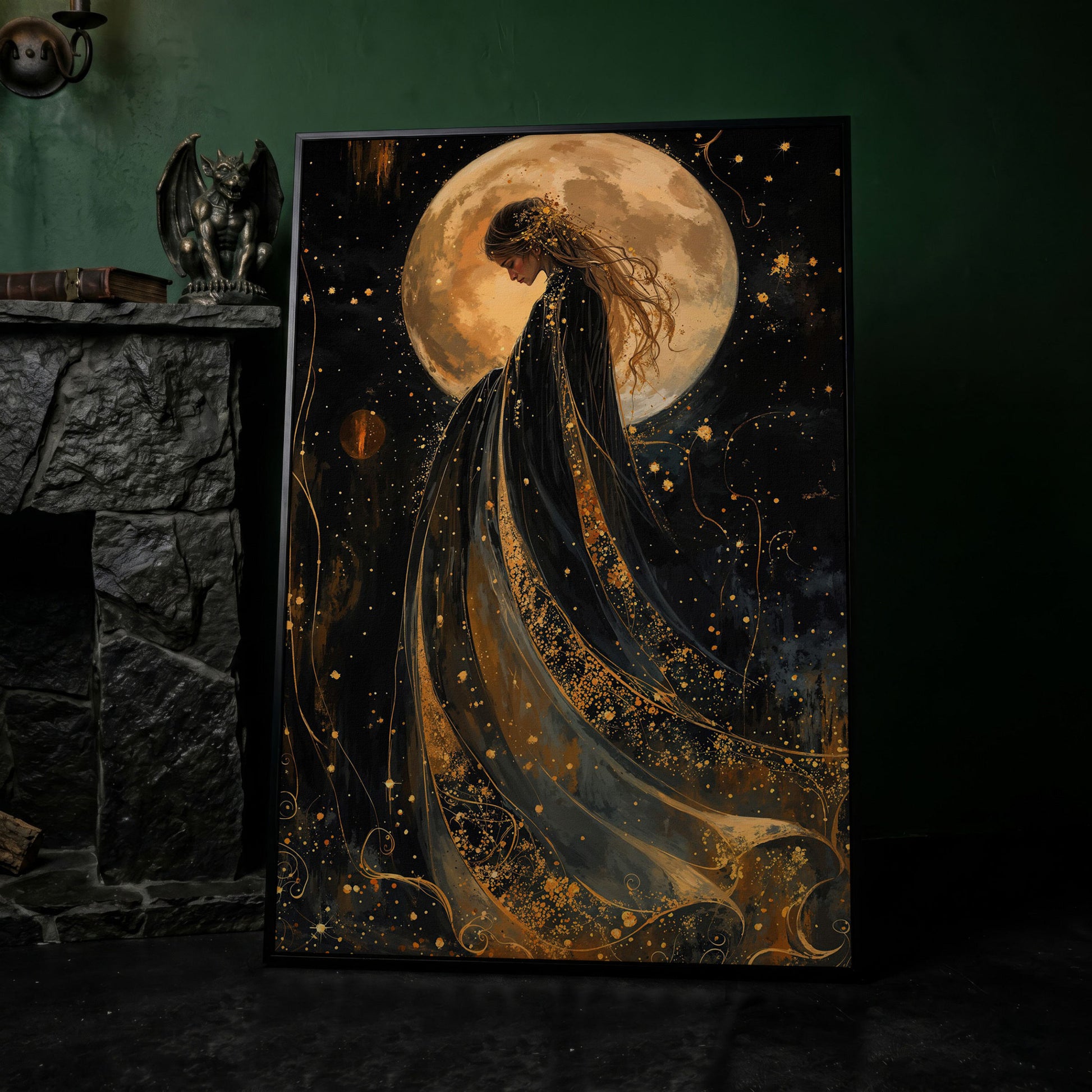 Mystical Woman & Moon Canvas Print in black floating frame
