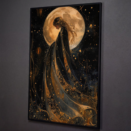 Mystical Woman & Moon Canvas Print shown in black floating frame