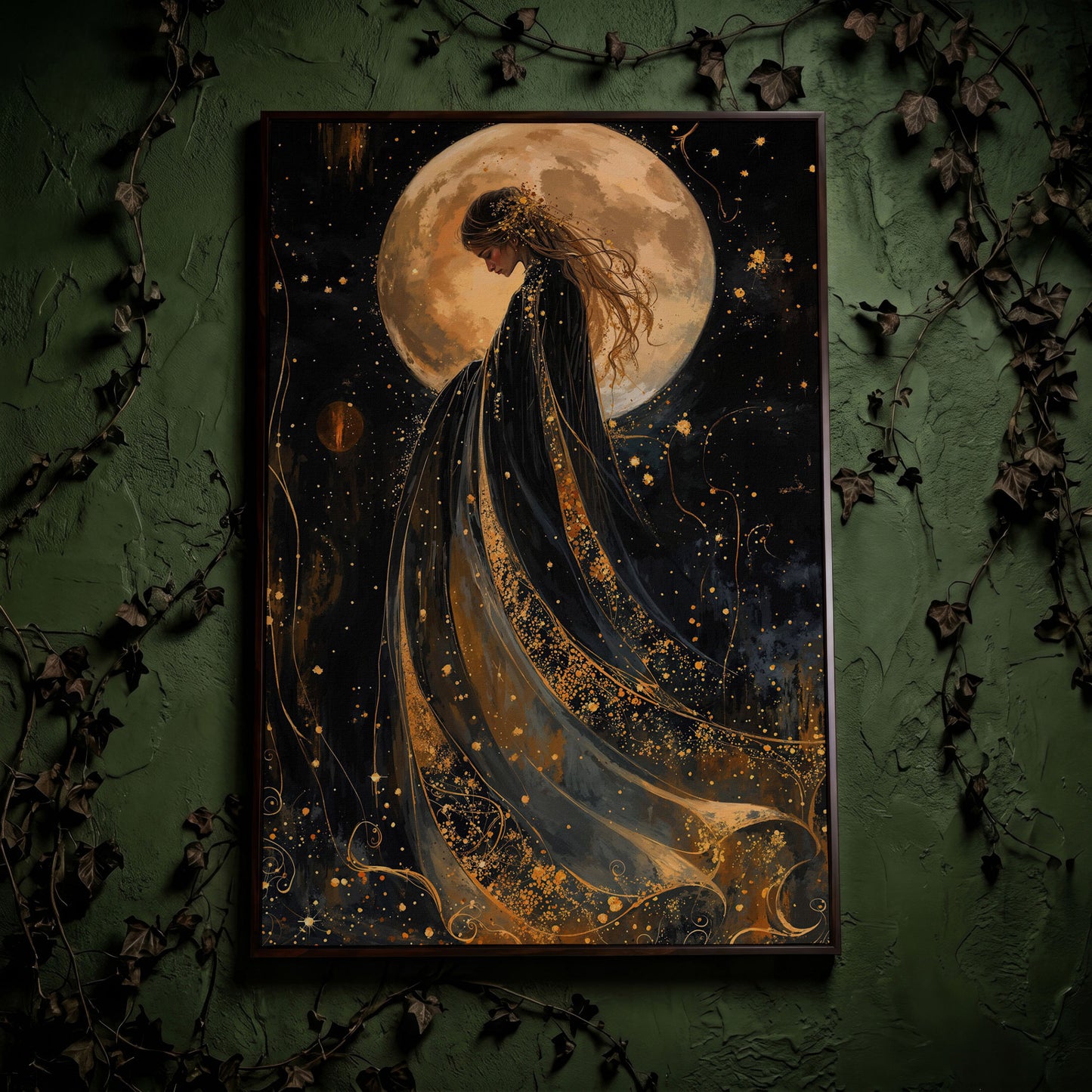 Mystical Woman & Moon Canvas Print in dark walnut floating frame