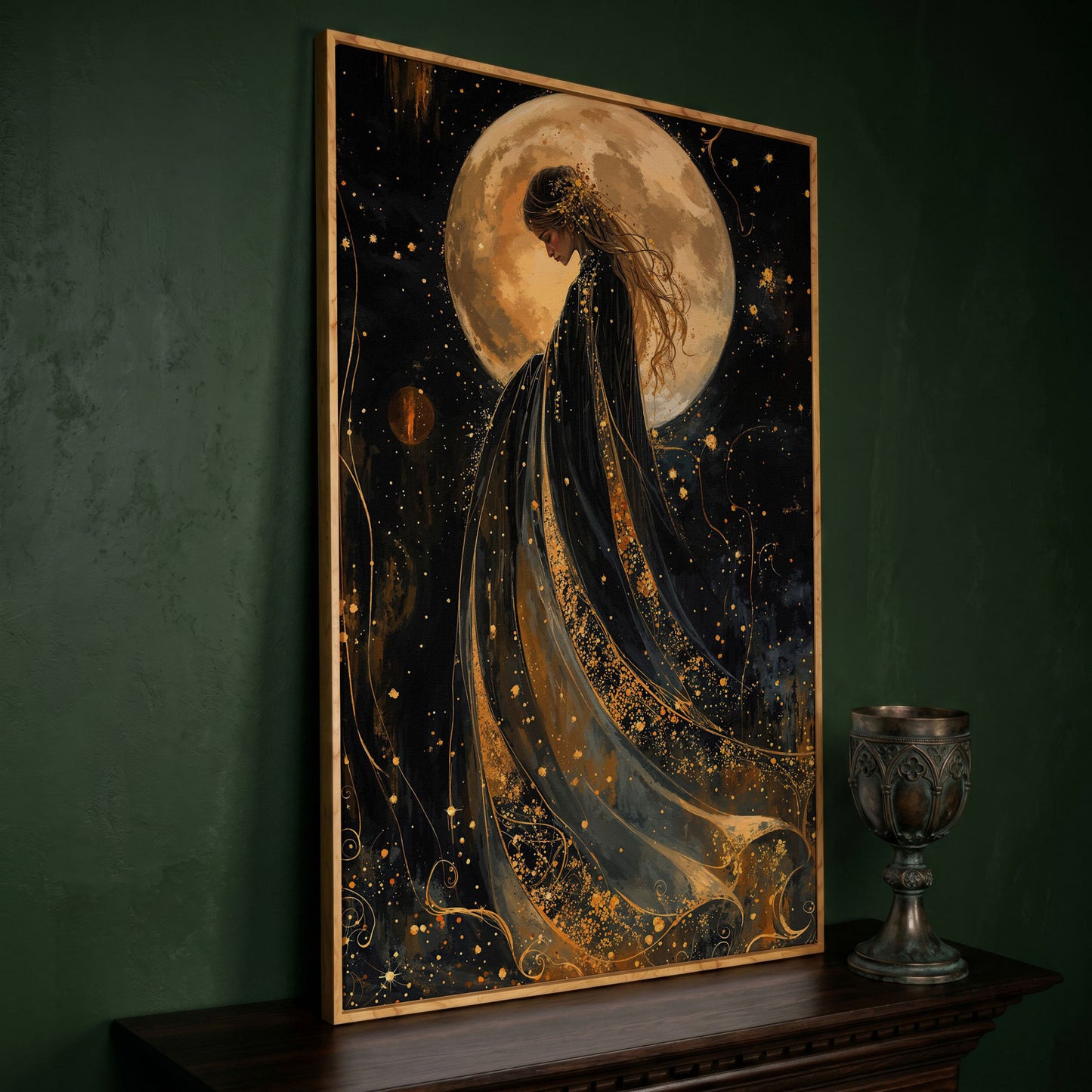 Mystical Woman & Moon Canvas Print in white oak floating frame
